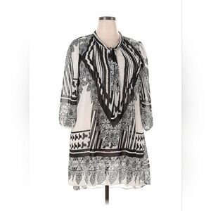 Ice Silk Tunic Blouse Womens 1XL Black White Boho Geometric Chic Beachy Sheer